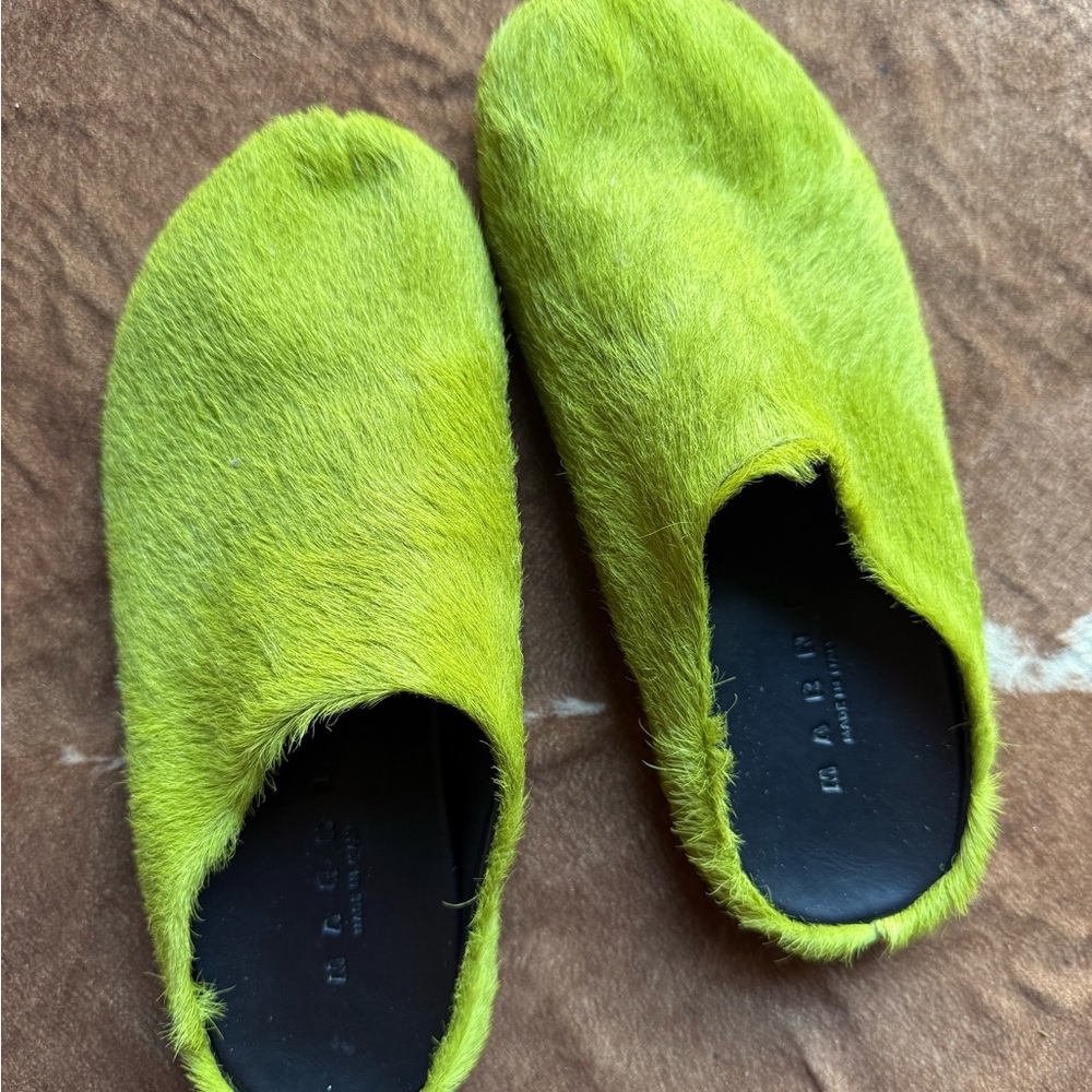 Marni Neon Green Fur Slip-Ons